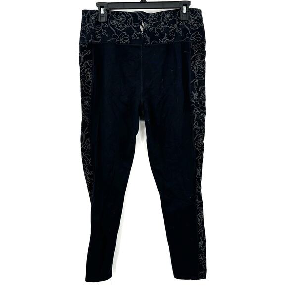 Skechers Size XL Black Full Length Leggings Floral Waist Side Detail Pockets - Picture 2 of 4